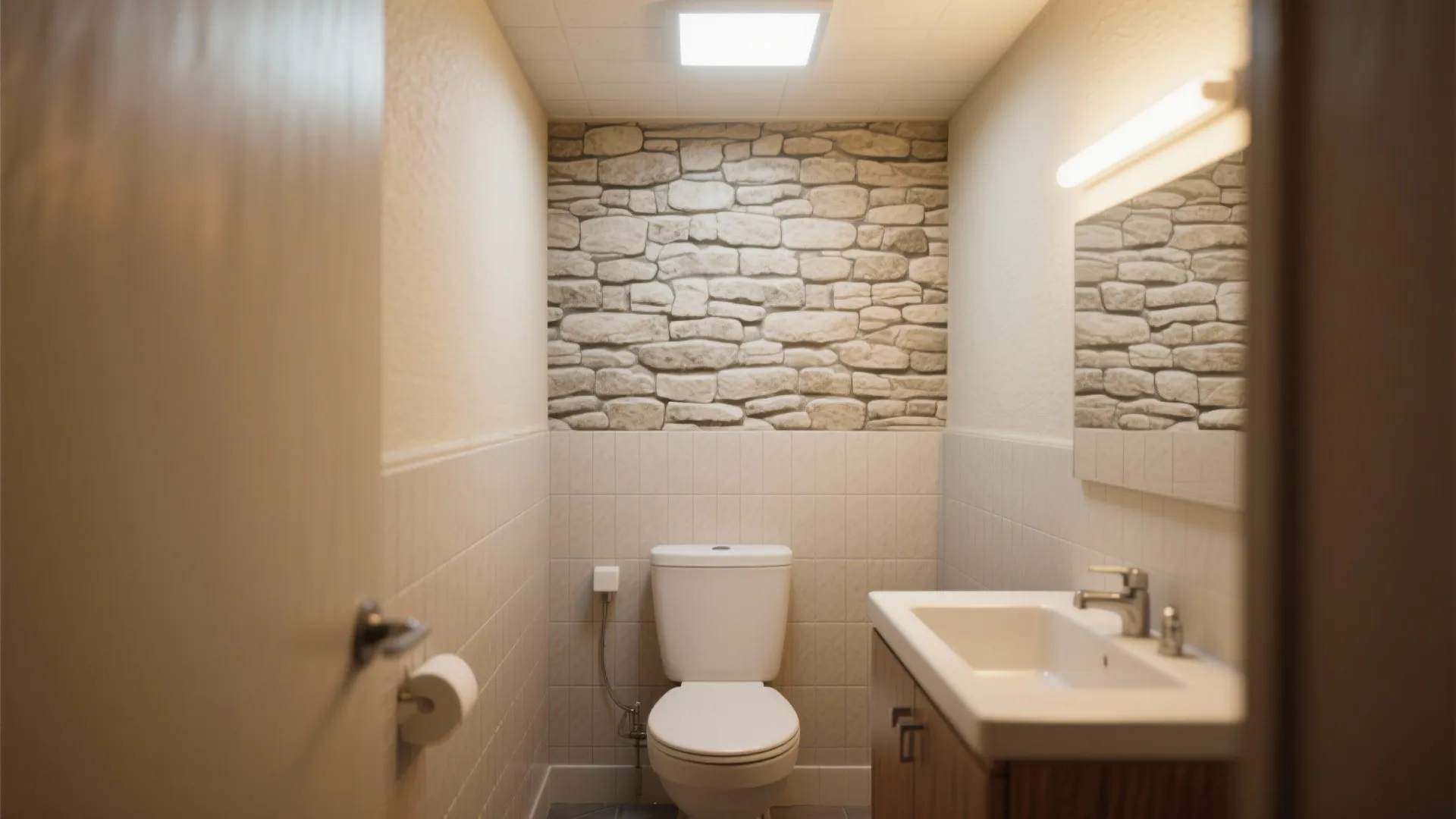Small bathroom with faux stone textured PVC sheet panels