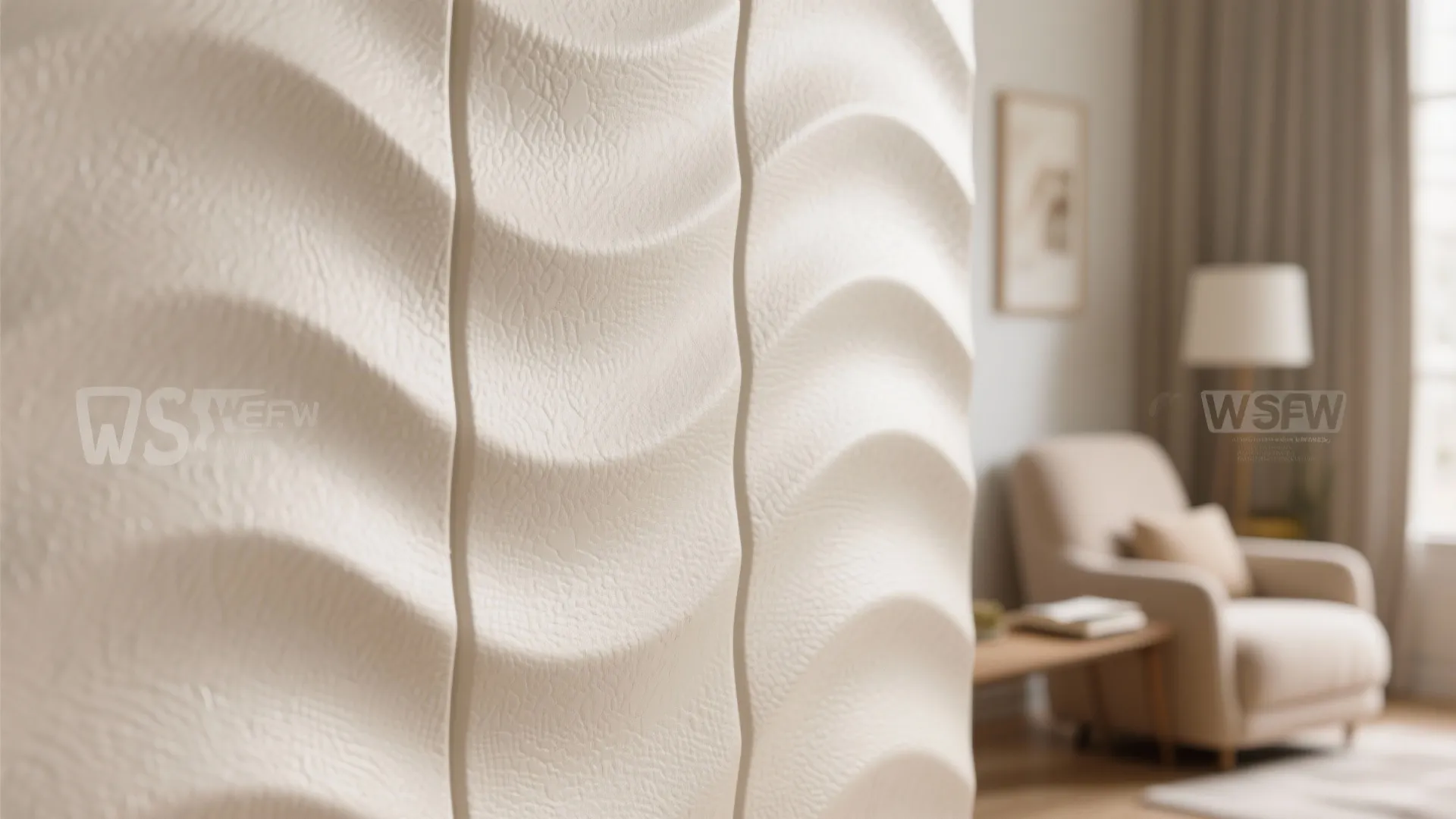 Close up view of white textured wavy wall panel in a bright cozy living room