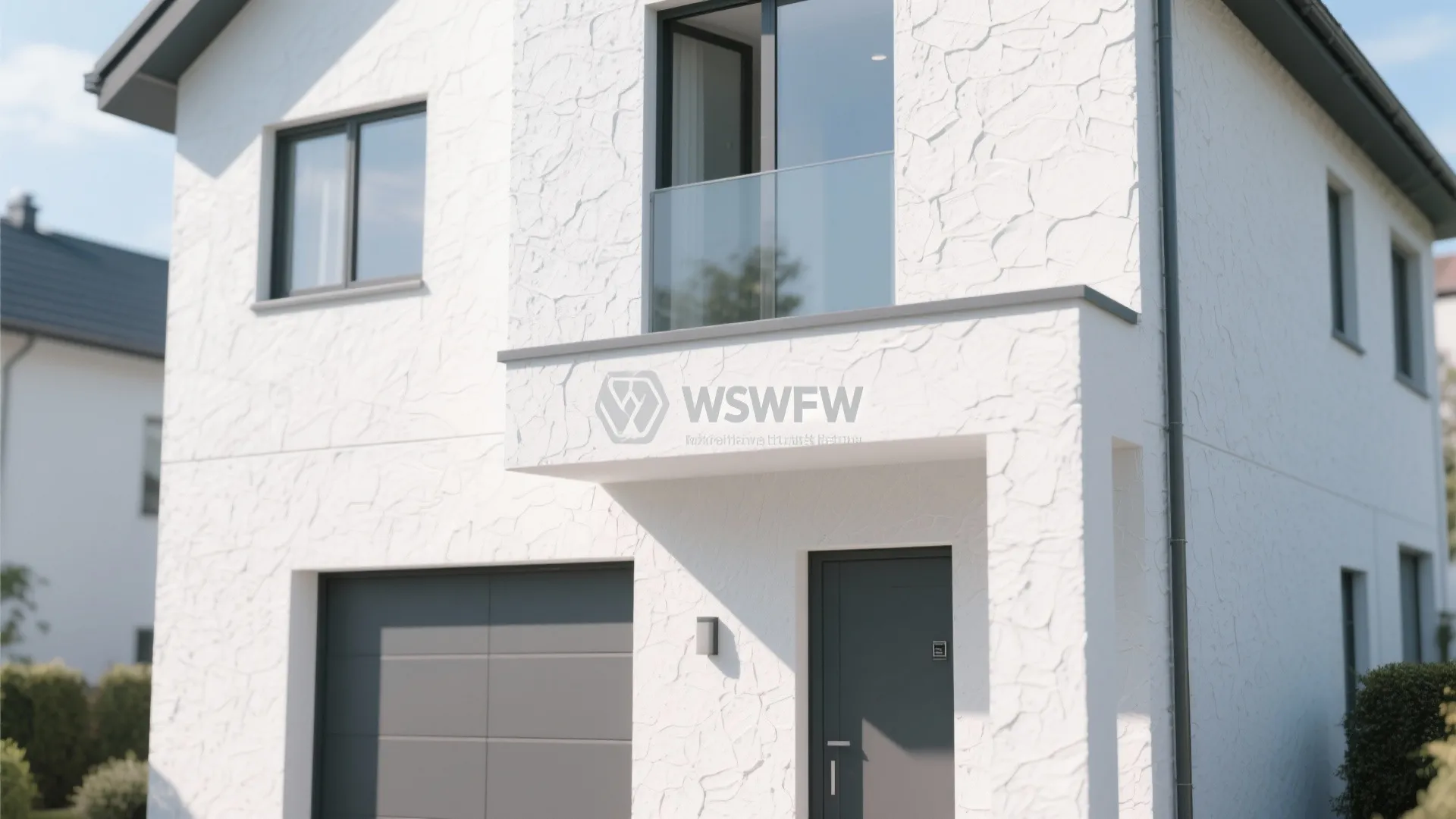 White house with textured exterior walls, glass balcony railing, grey front door, and garage door
