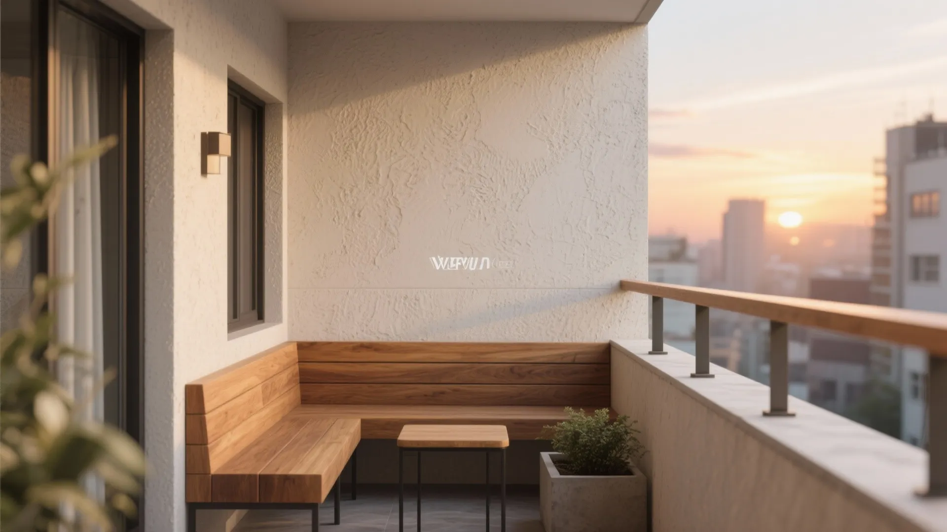 Textured render and warm wood accents