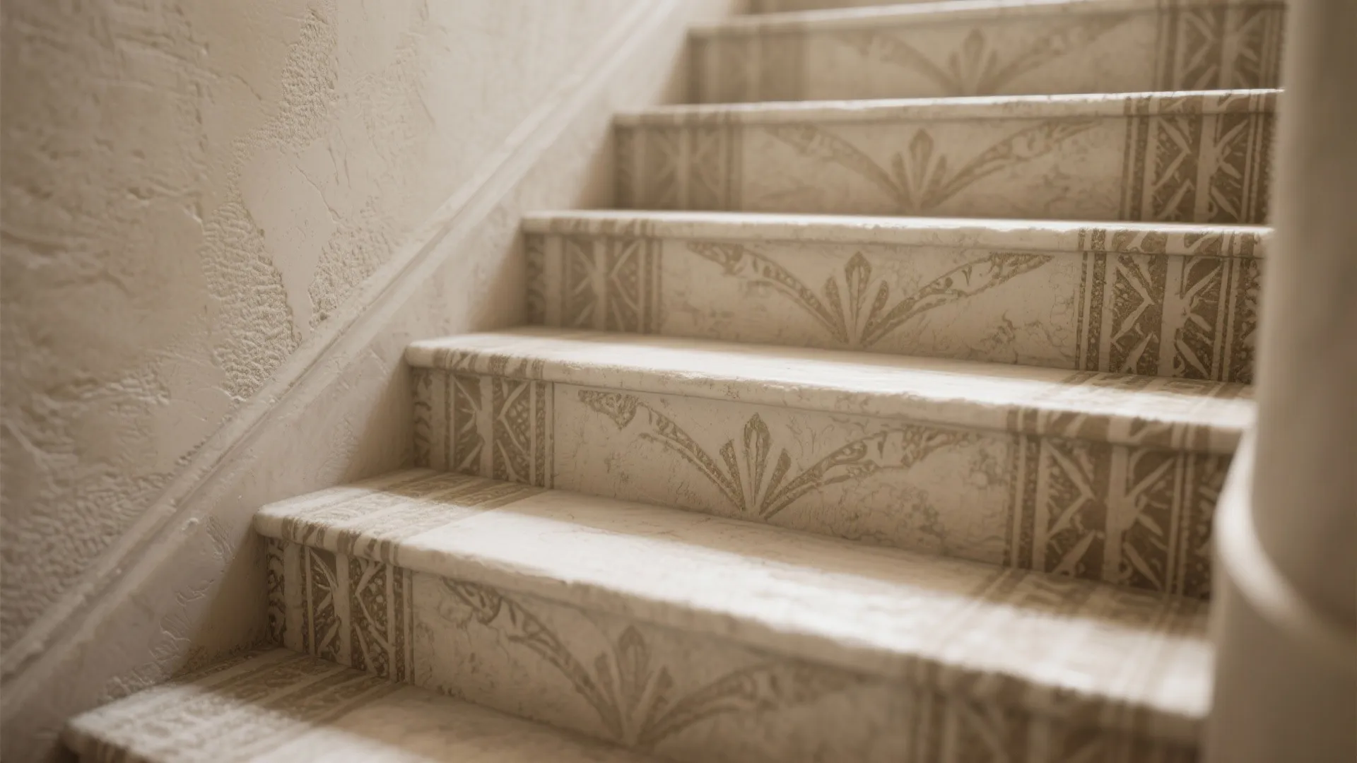Close up of stone stairs with elegant beige patterns on vertical faces and textured light walls