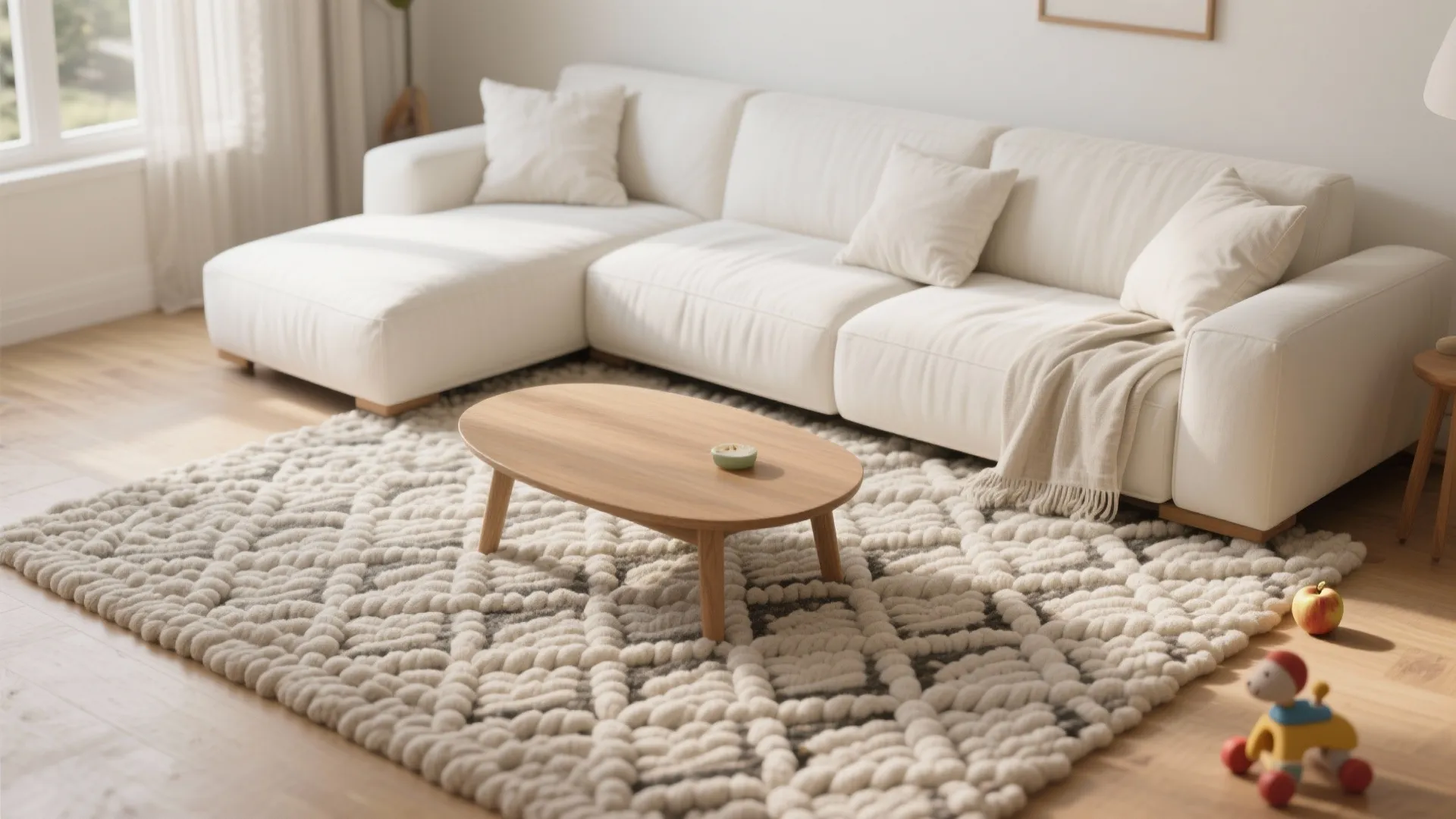 Modern white sofa and wooden coffee table on a thick textured rug in living room