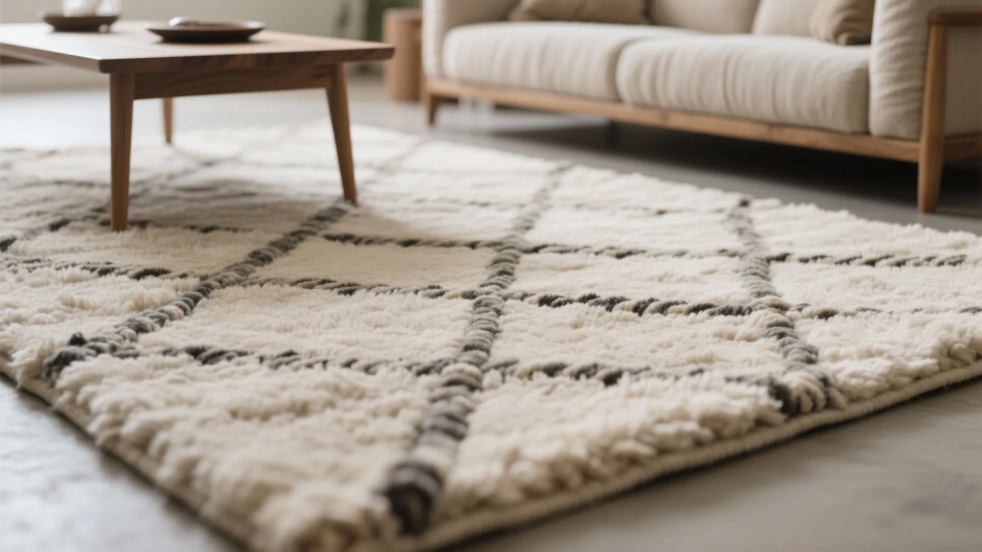 Close-up of thick wool rug texture in living room