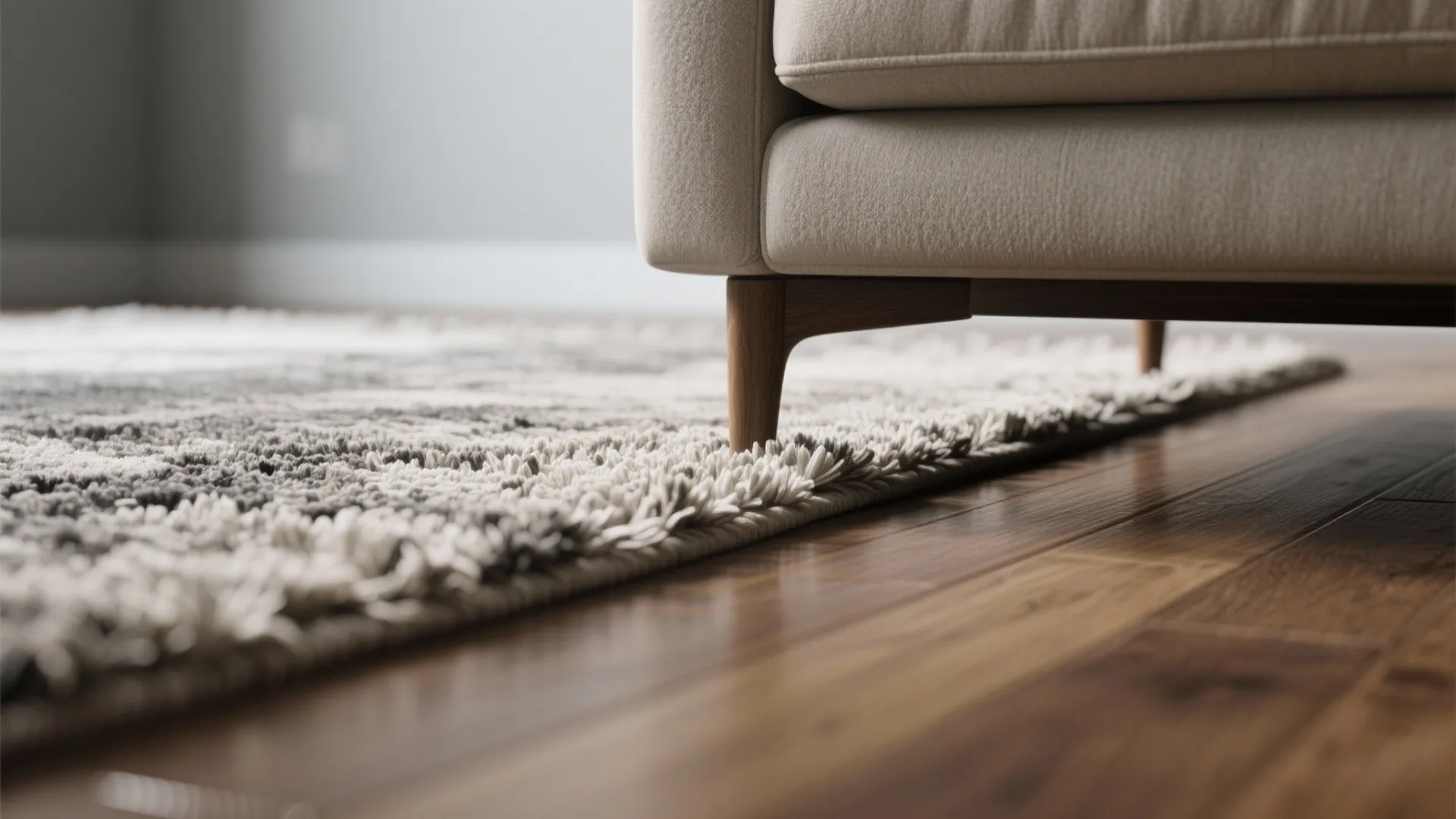 Close up view of a soft grey textured rug underneath a modern wooden sofa leg