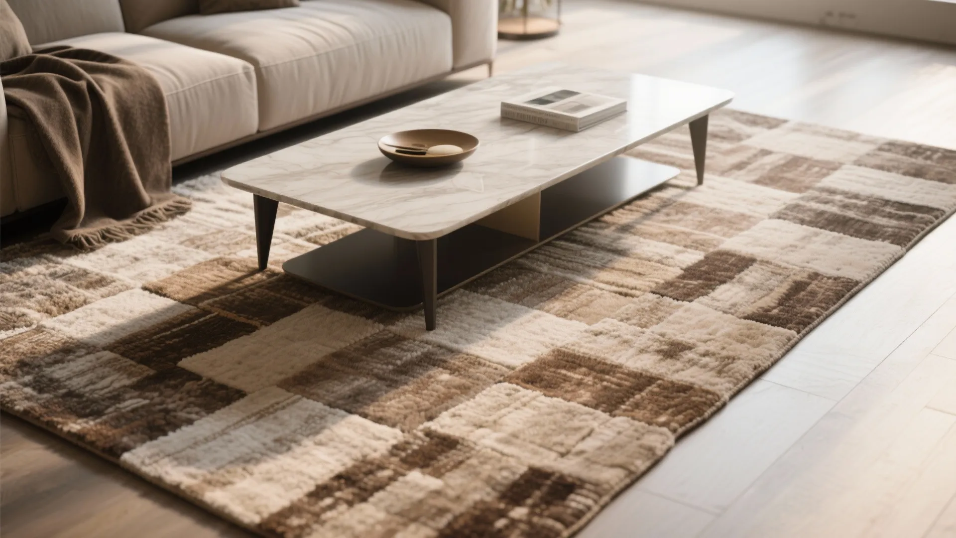Marble coffee table with books on a brown patterned rug next to a beige sofa