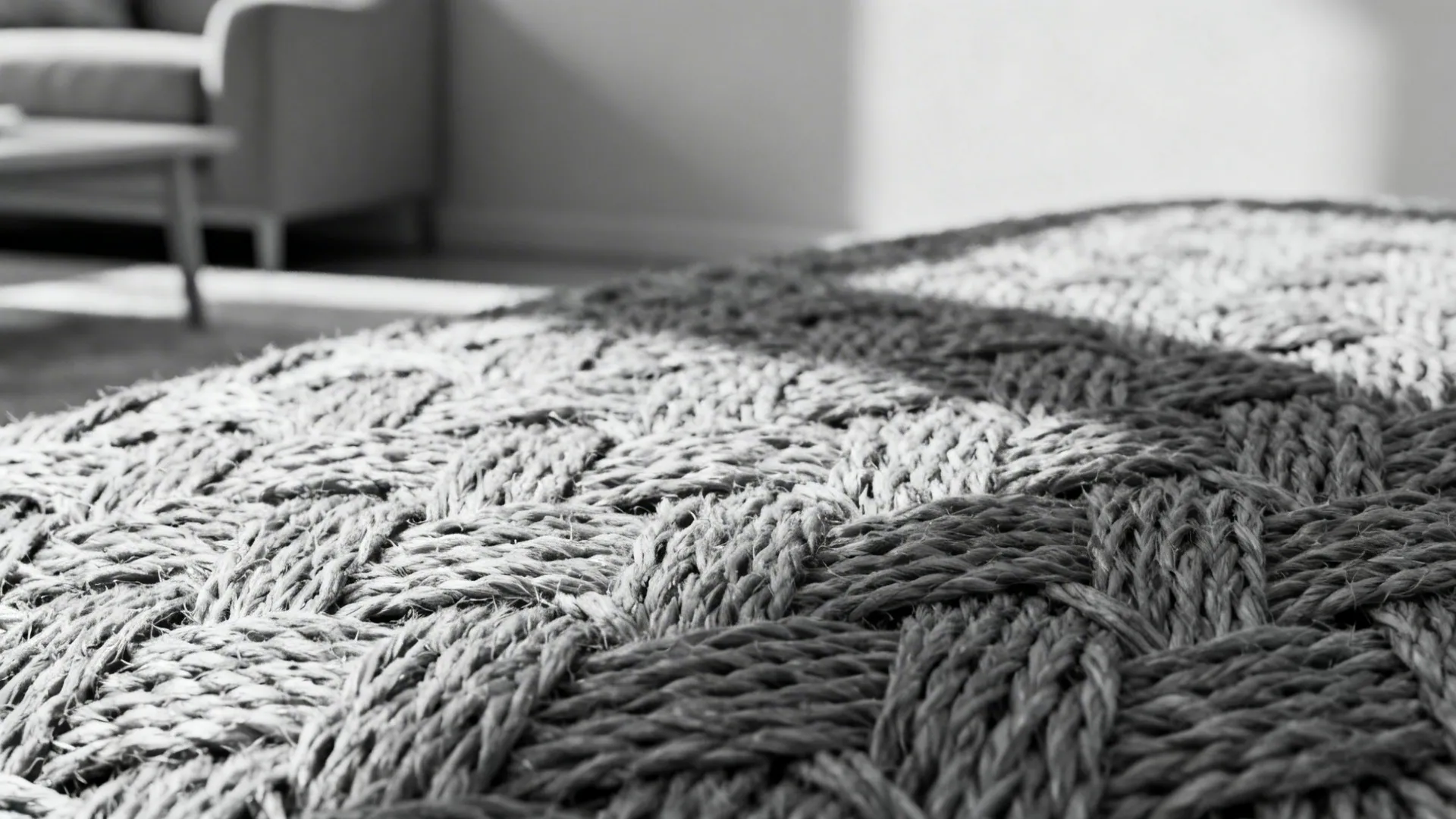 Close up view of natural woven rug texture with blurred sofa and coffee table background