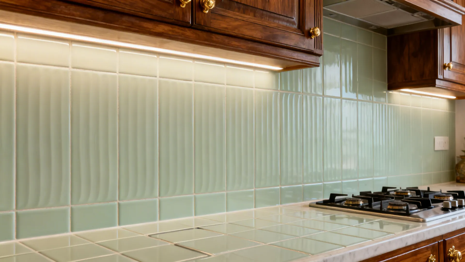 Pale sage textured ceramic backsplash with satin finish under soft LEDs.