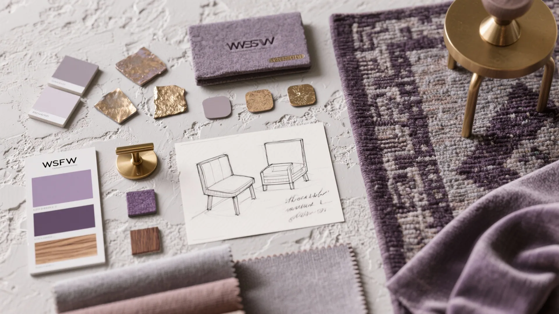 Interior design mood board with purple fabric samples purple rug gold hardware and chair sketch
