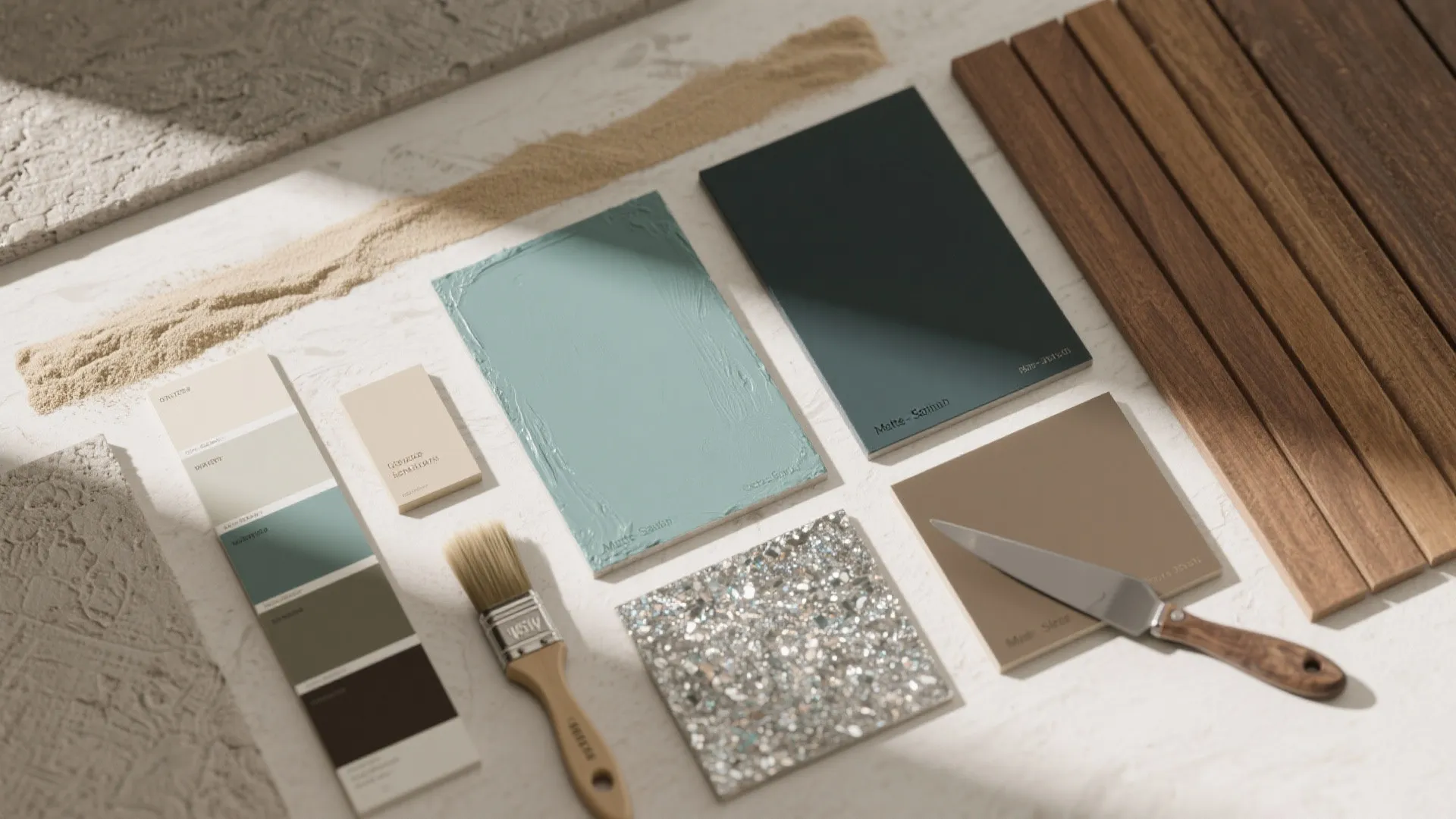 Interior design mood board with color swatches wood panels paint brush and textured material samples