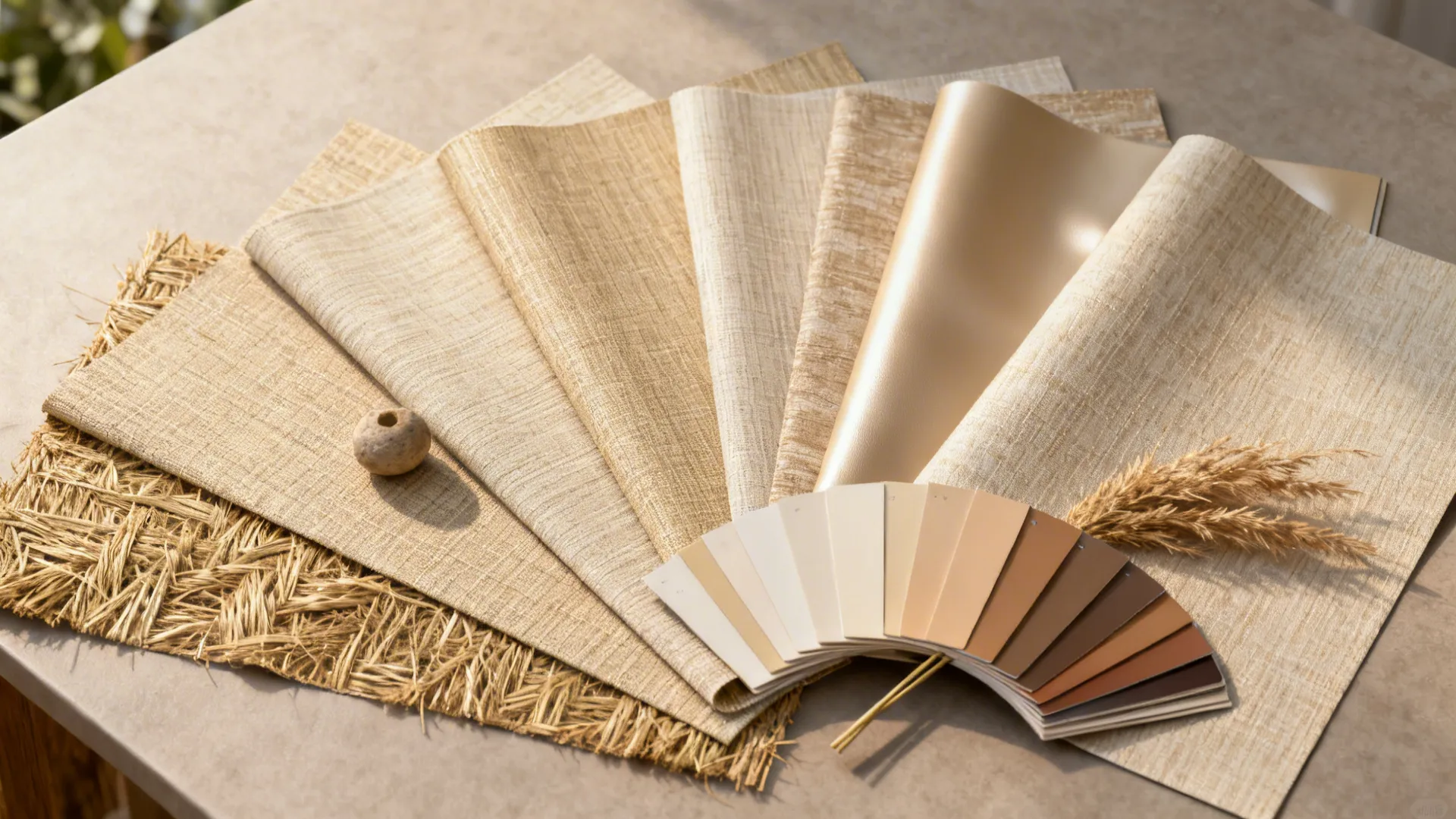 Flatlay of grasscloth and silk-look wallpaper samples with visible texture and natural props.