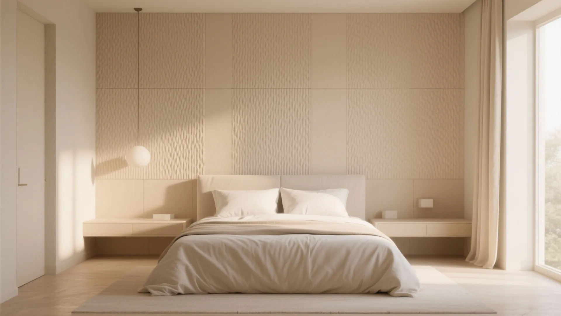 Sand bedroom with subtle textured wall panel behind bed