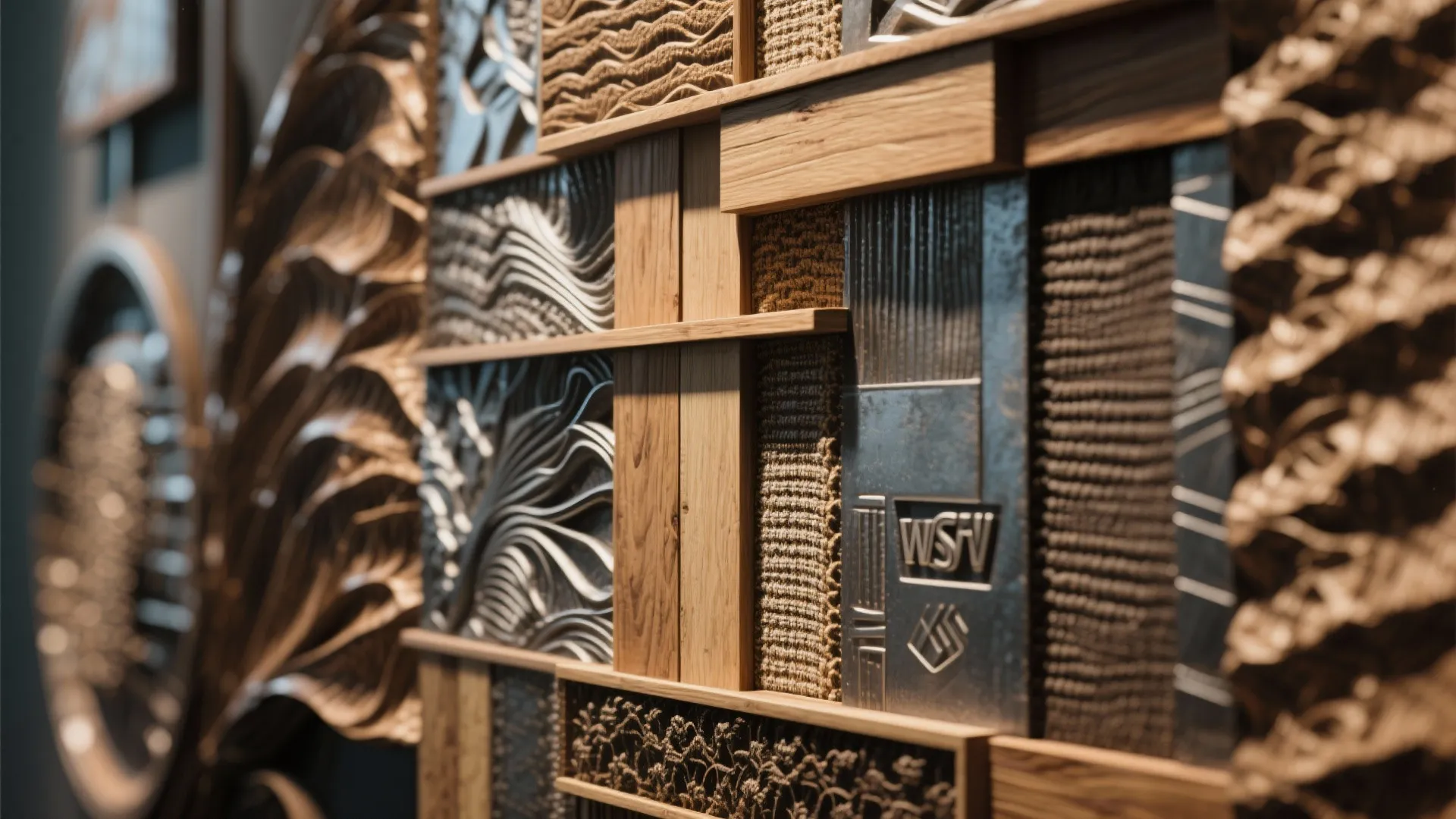 Close-up of textured sculptural wall art showing layered wood and metal relief with warm highlights.