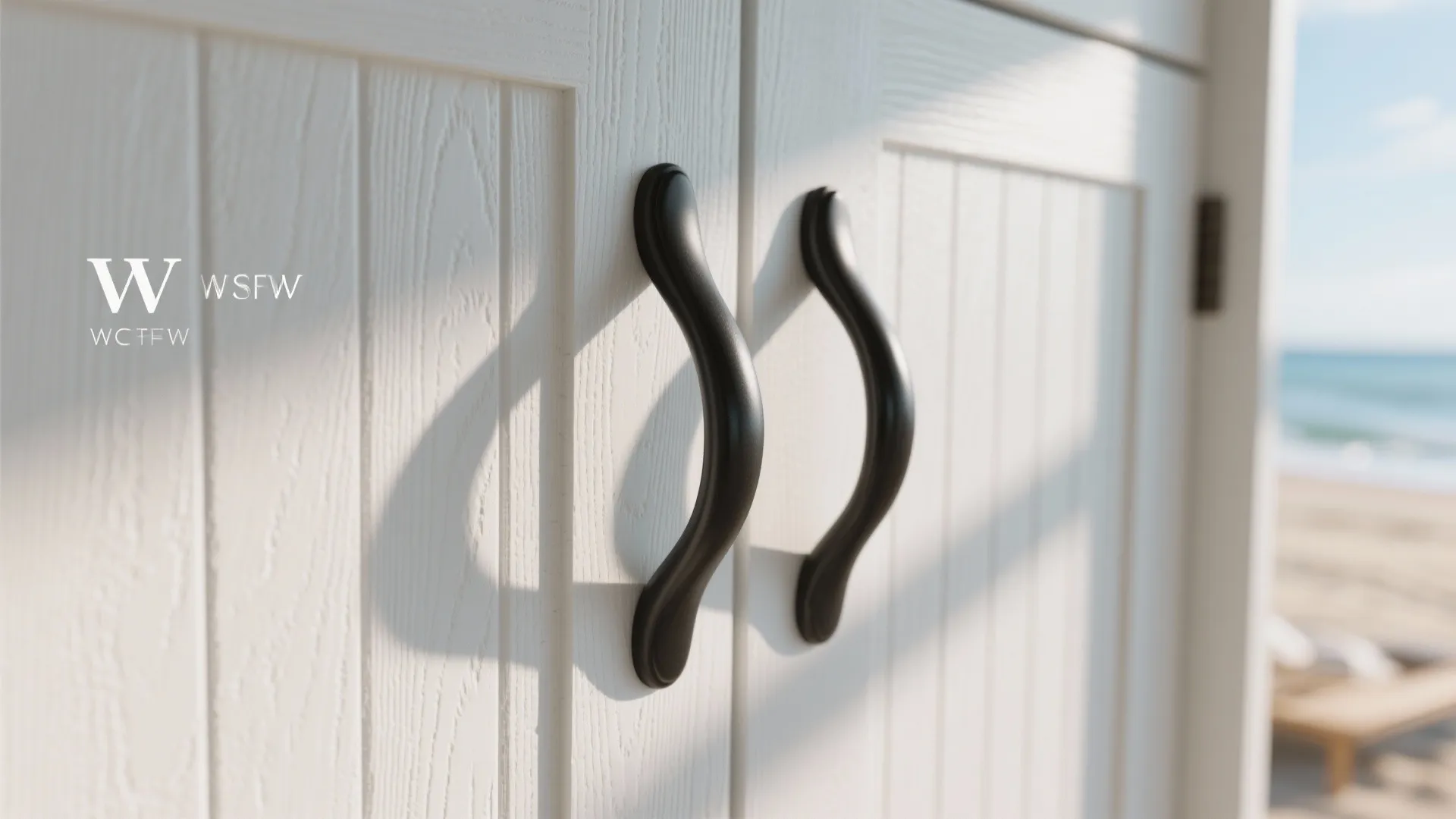 White wooden cabinet doors with curved black handles and a sunny beach view in the background