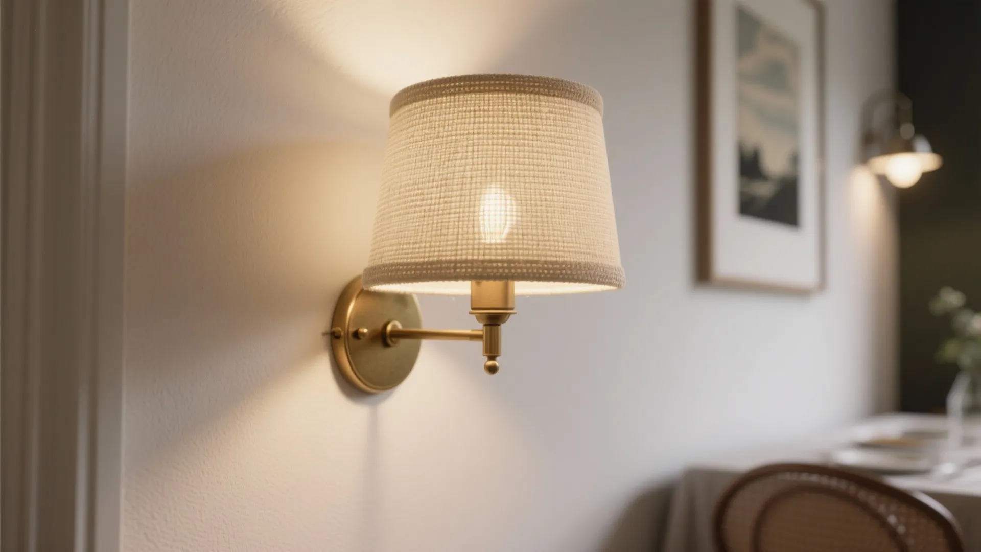 Macro of a linen or rattan wall sconce shade with warm diffusion in a compact dining nook.