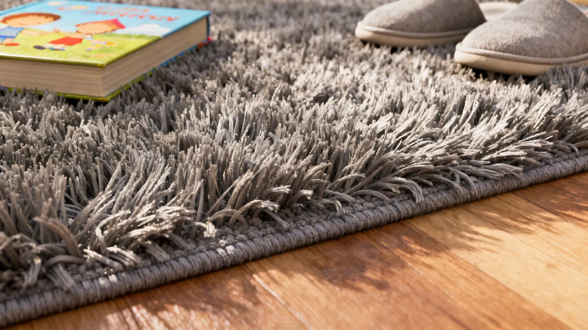 Close up of a gray soft rug with a book and slippers on wooden floor