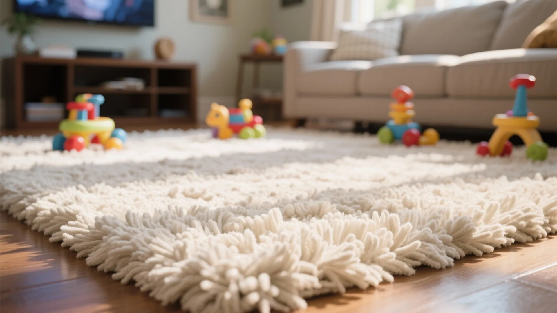 Soft white textured rug on wooden floor in living room with colorful children plastic toys