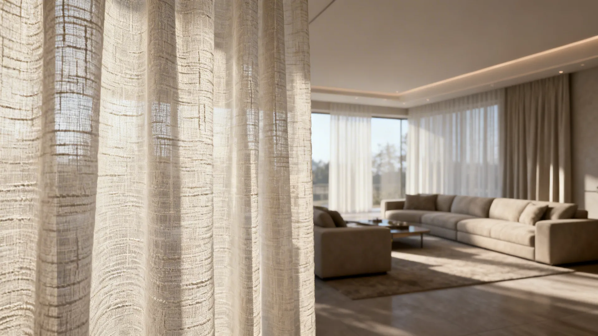 Living room with textured slub sheers adding visual depth and subtle weave detail.