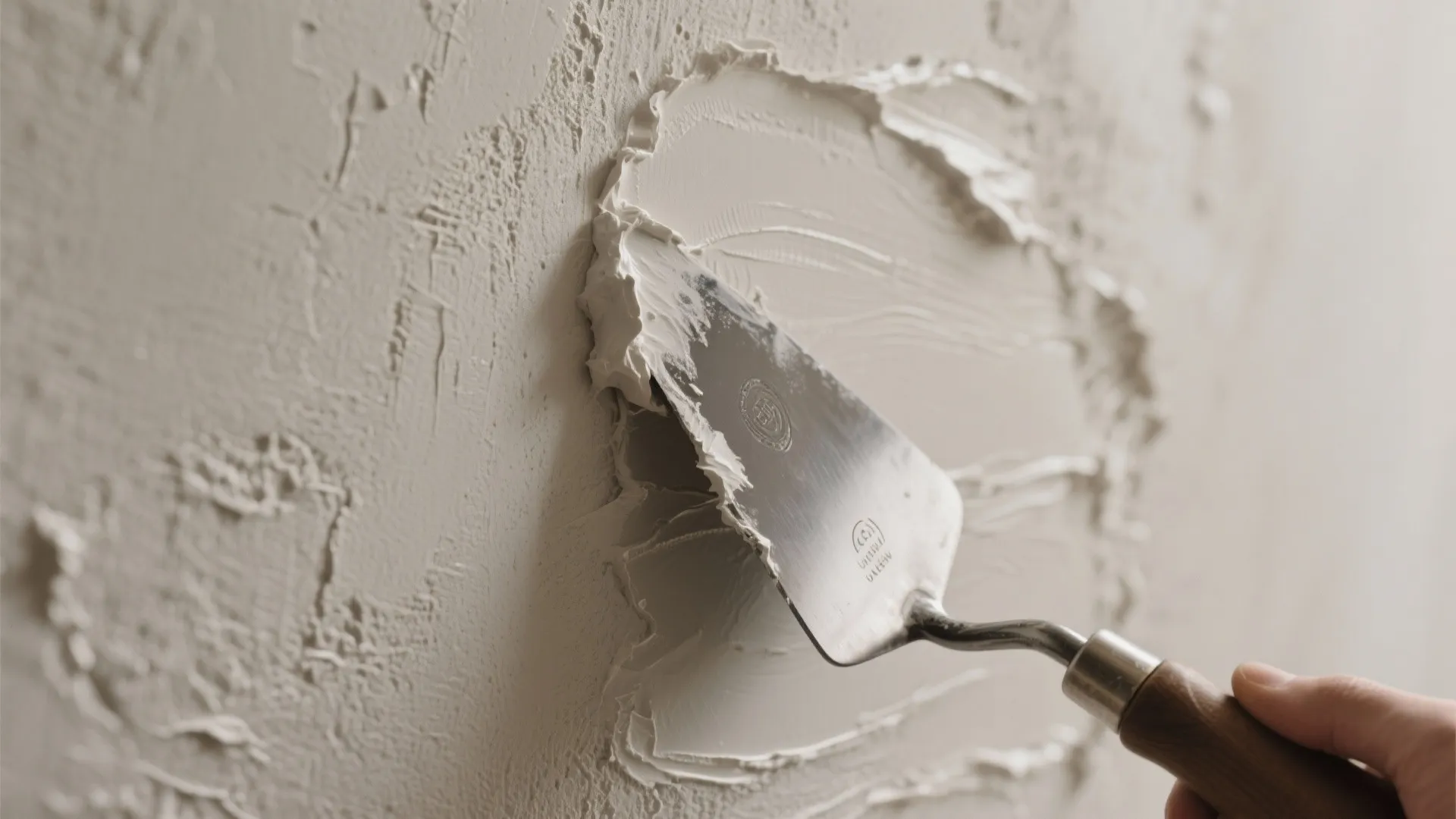 Close-up macro of a trowel applying a skim coat to create a textured plaster finish.