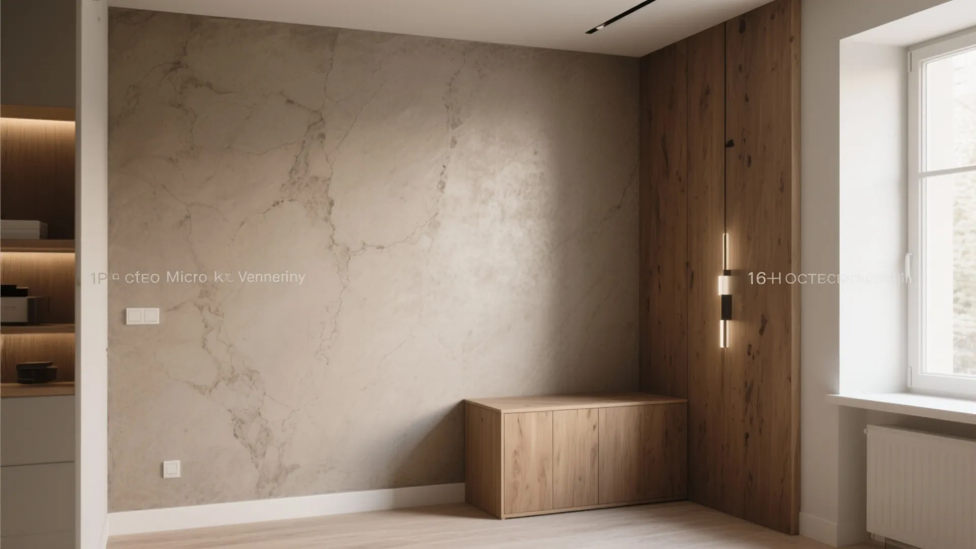Minimalist room with textured beige wall panel wooden cabinet wall light and bright window view