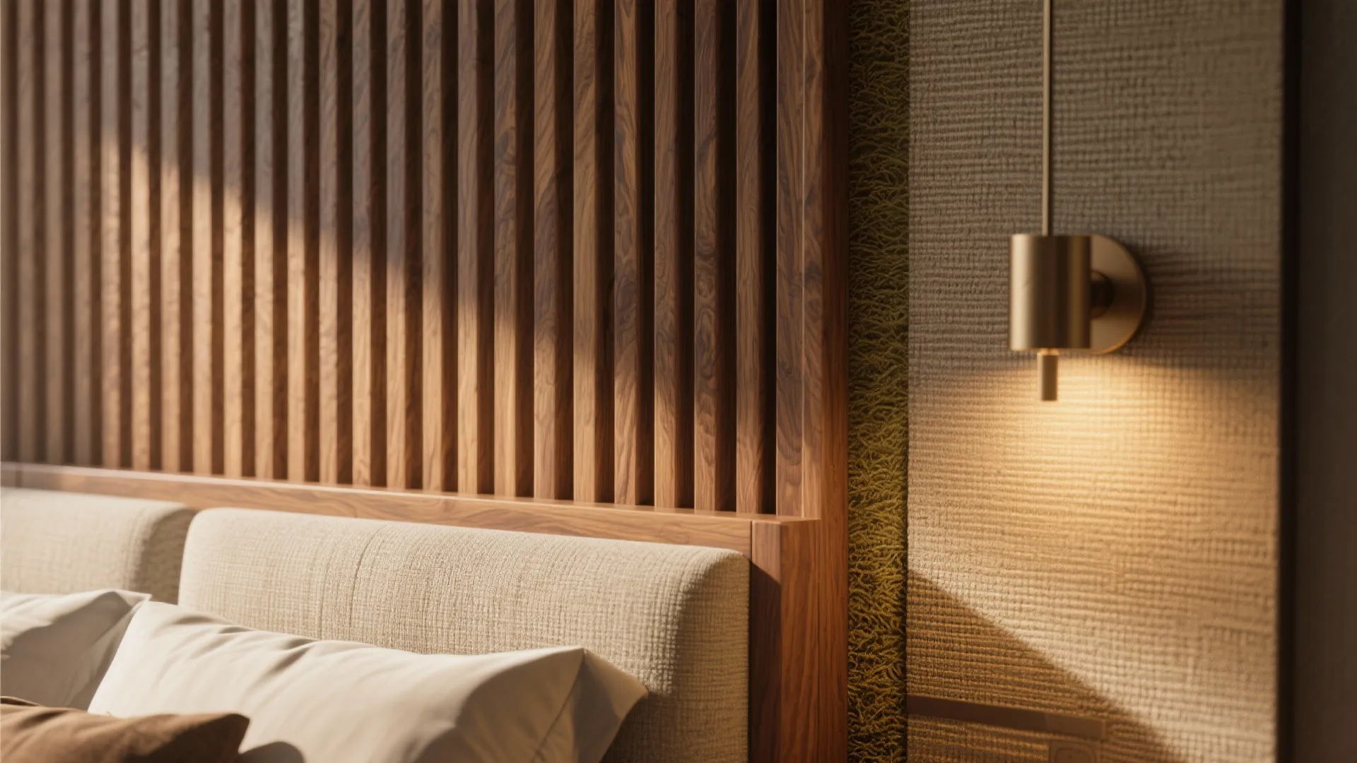 Close-up of vertical wood slats and grasscloth textures on an accent wall behind a bed, lit by a warm sconce.