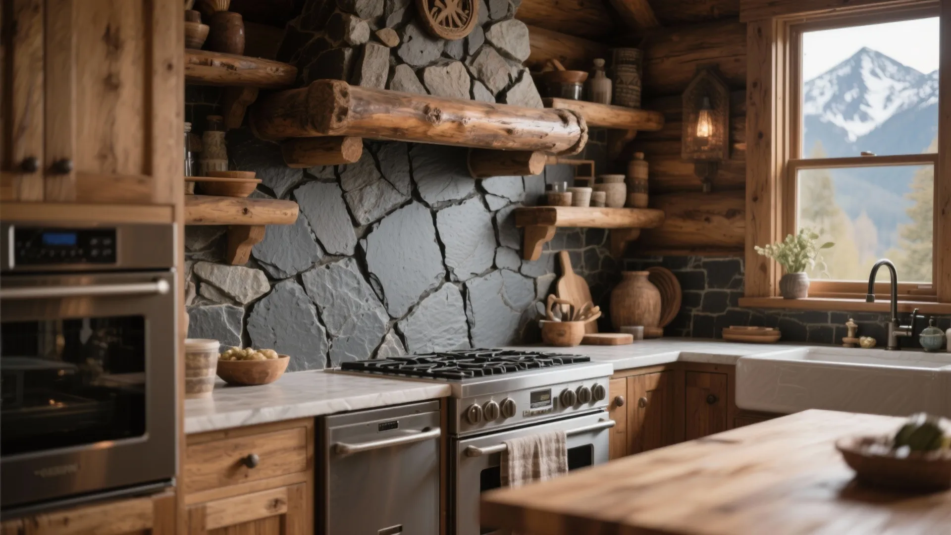 Rustic kitchen with textured slate tile backsplash