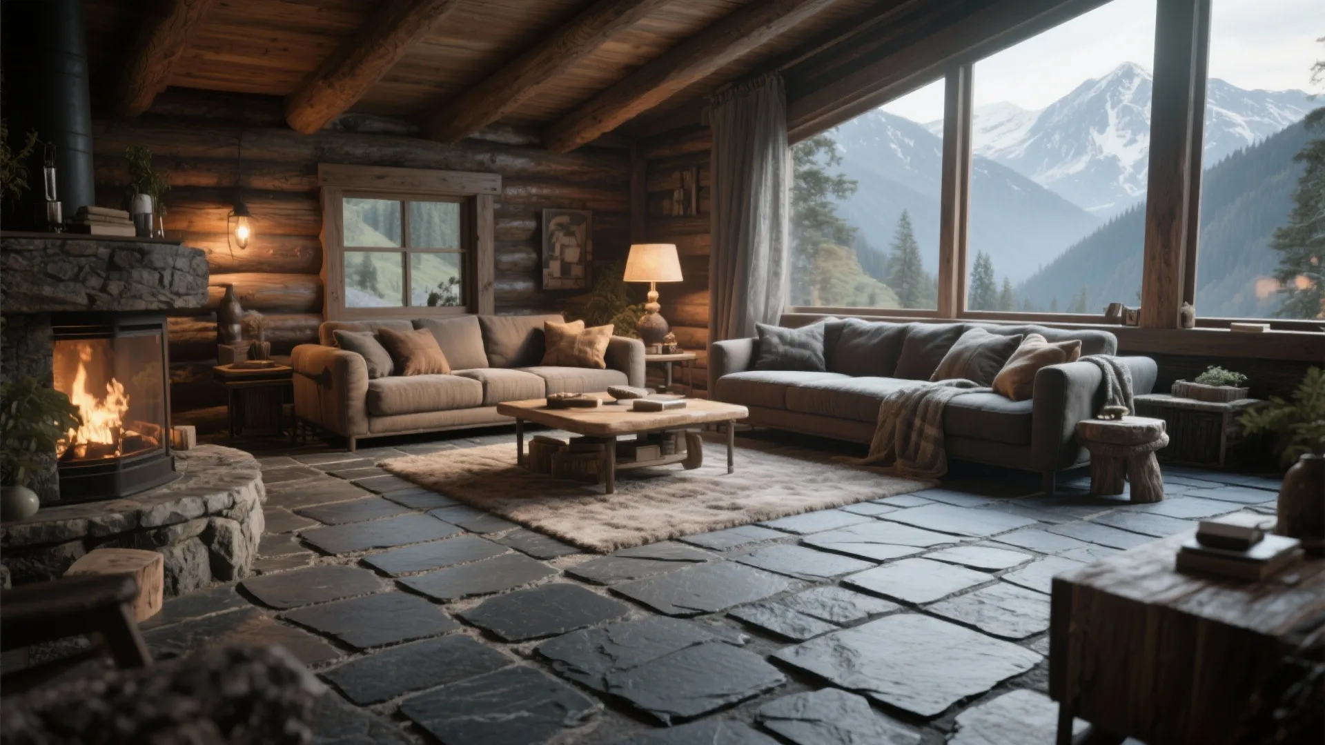Rustic log cabin living room with stone fireplace wood ceiling two sofas and mountain views