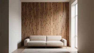 Warm Minimalist Living Room with Wood Paneling