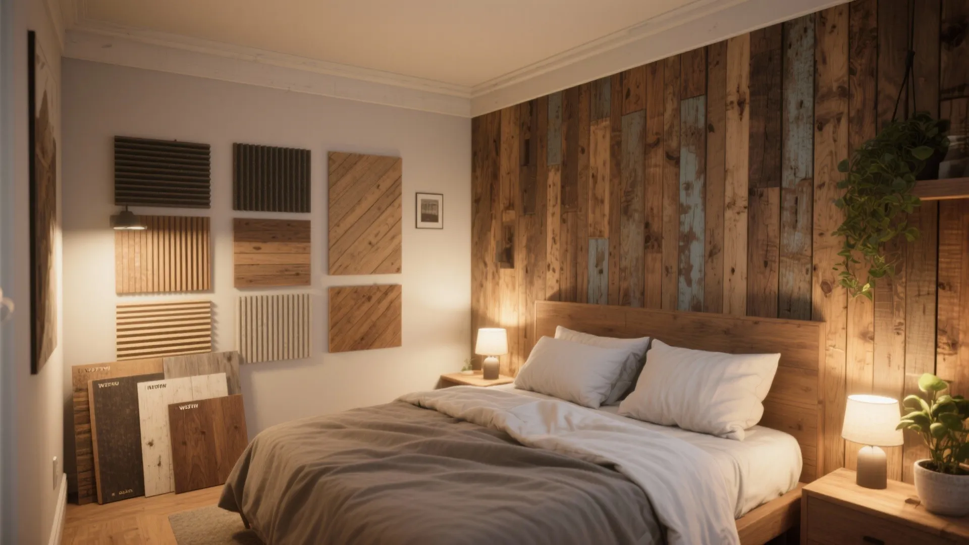Cozy bedroom featuring wooden wall panel design table lamp white pillows and decorative wood samples