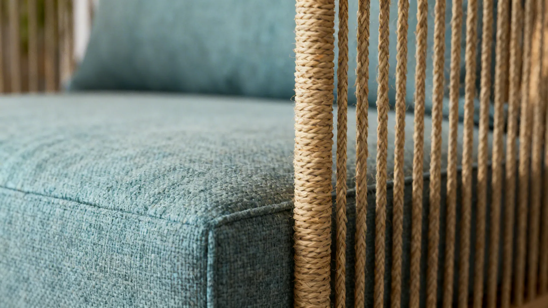 Close-up of woven vertical slat texture paired with cool-toned sofa fabric