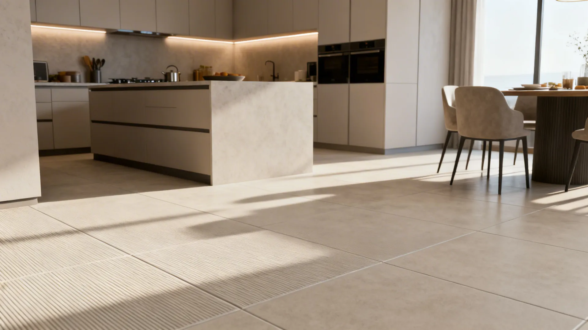 Modern kitchen with pale greige textured porcelain floor providing slip-resistant traction.
