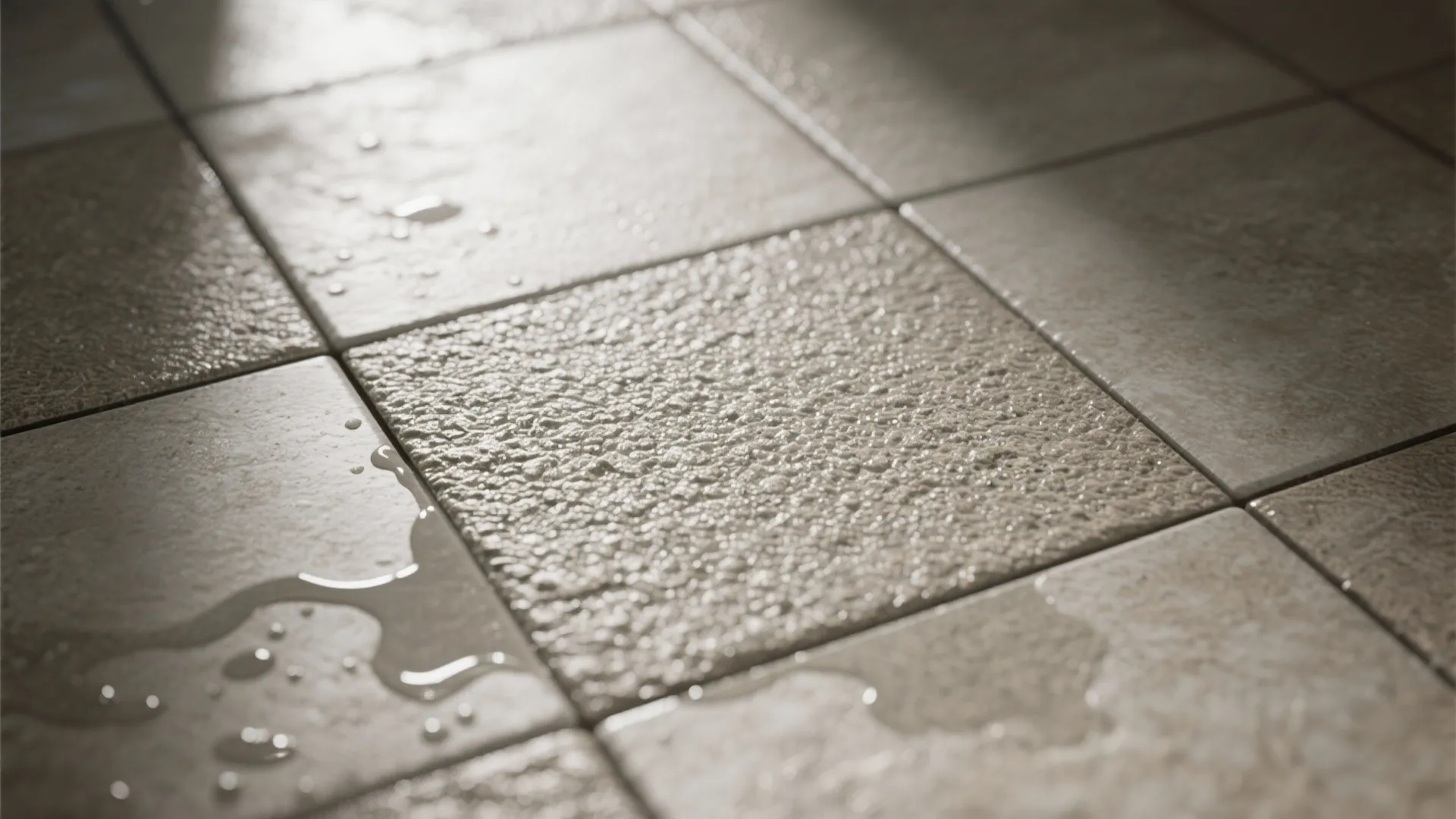 Close up of textured non slip floor tiles with water drops in a bright bathroom setting