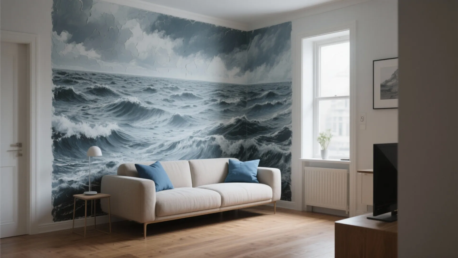 Modern living room with white sofa blue pillows sea wave wallpaper and light wood flooring