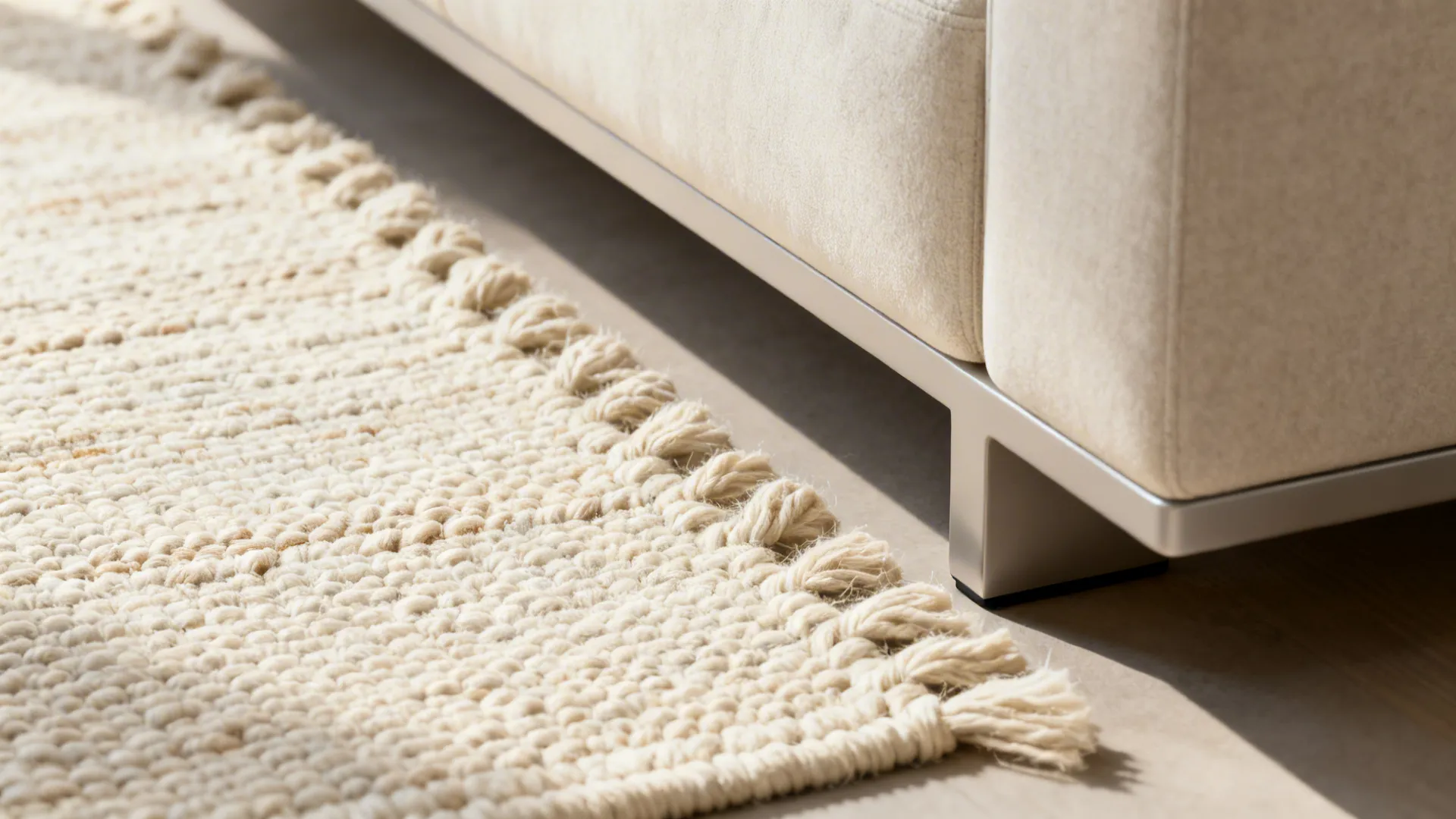 Macro view of a handloom ivory textured rug showing looped weave and slub detail