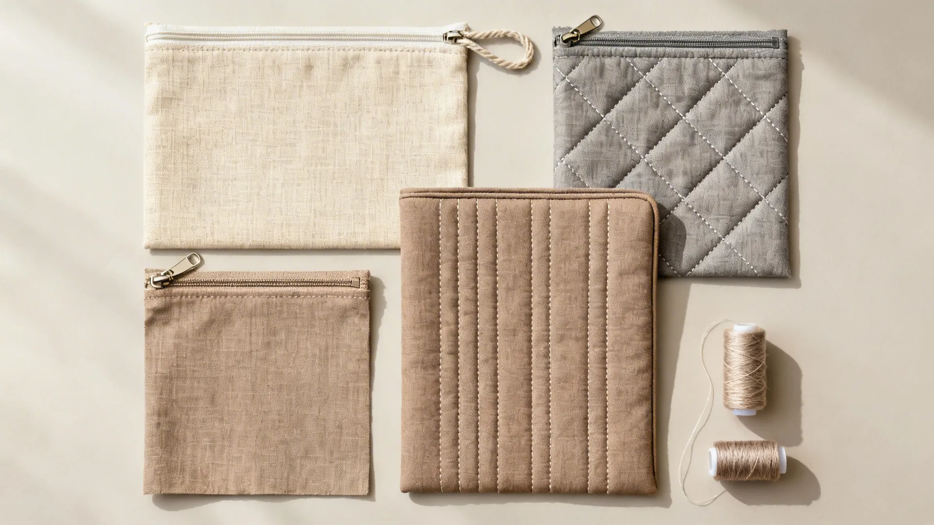 Top-down swatches of quilted linen-blend fabrics in neutral tones with zippers and piping cord.