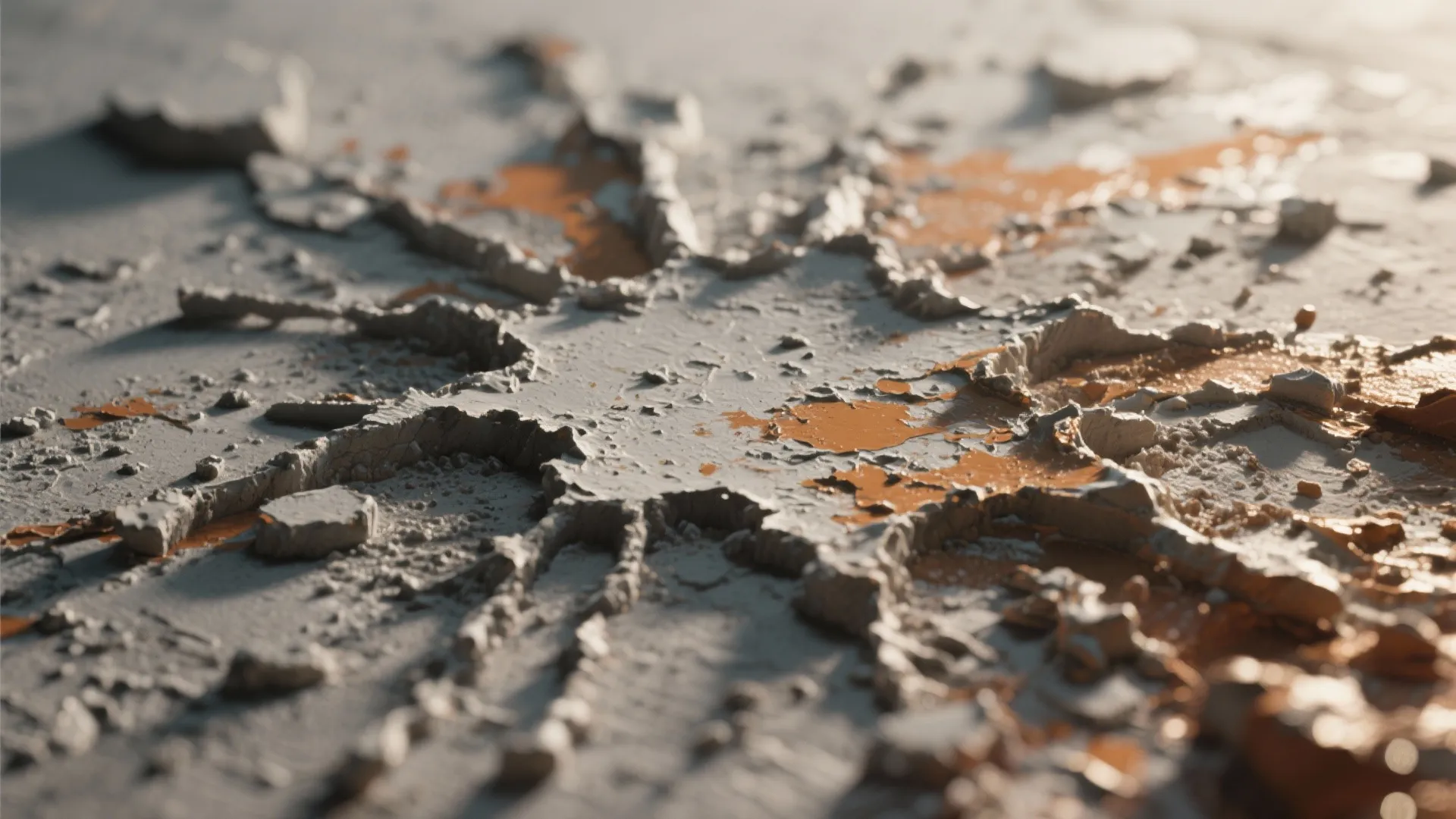 Close-up of raised textured splatter with plaster accents and dramatic raking light