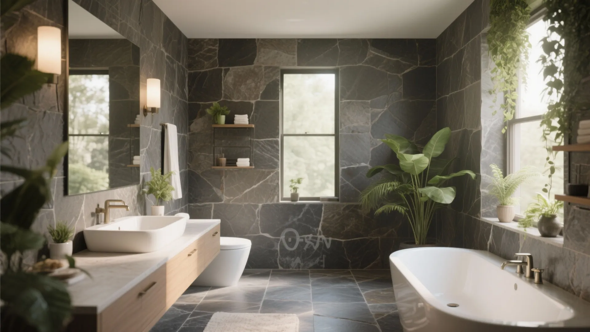 Bathroom with dark textured stone walls, white bathtub, green indoor plants, wooden vanity, and window.
