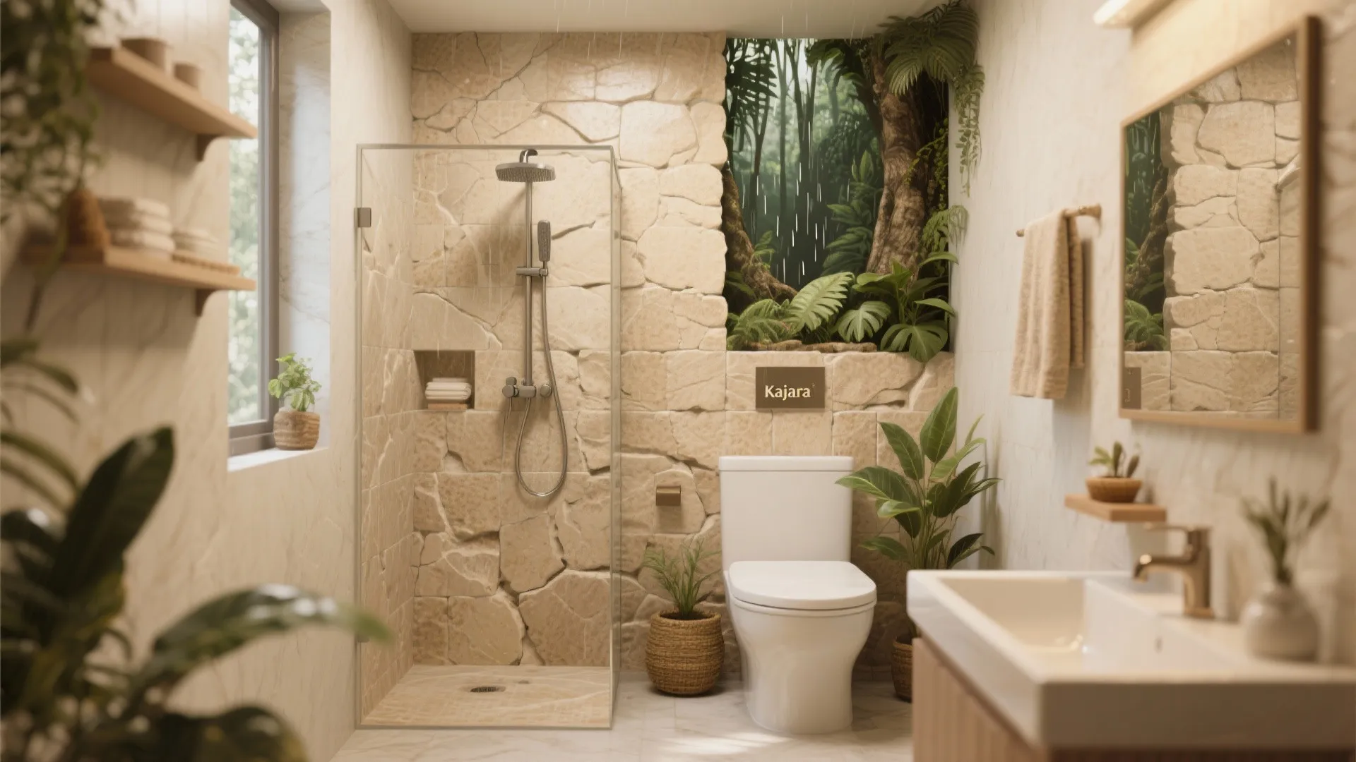 Natural bathroom featuring stone walls glass shower white toilet green plants and tropical nature scenery