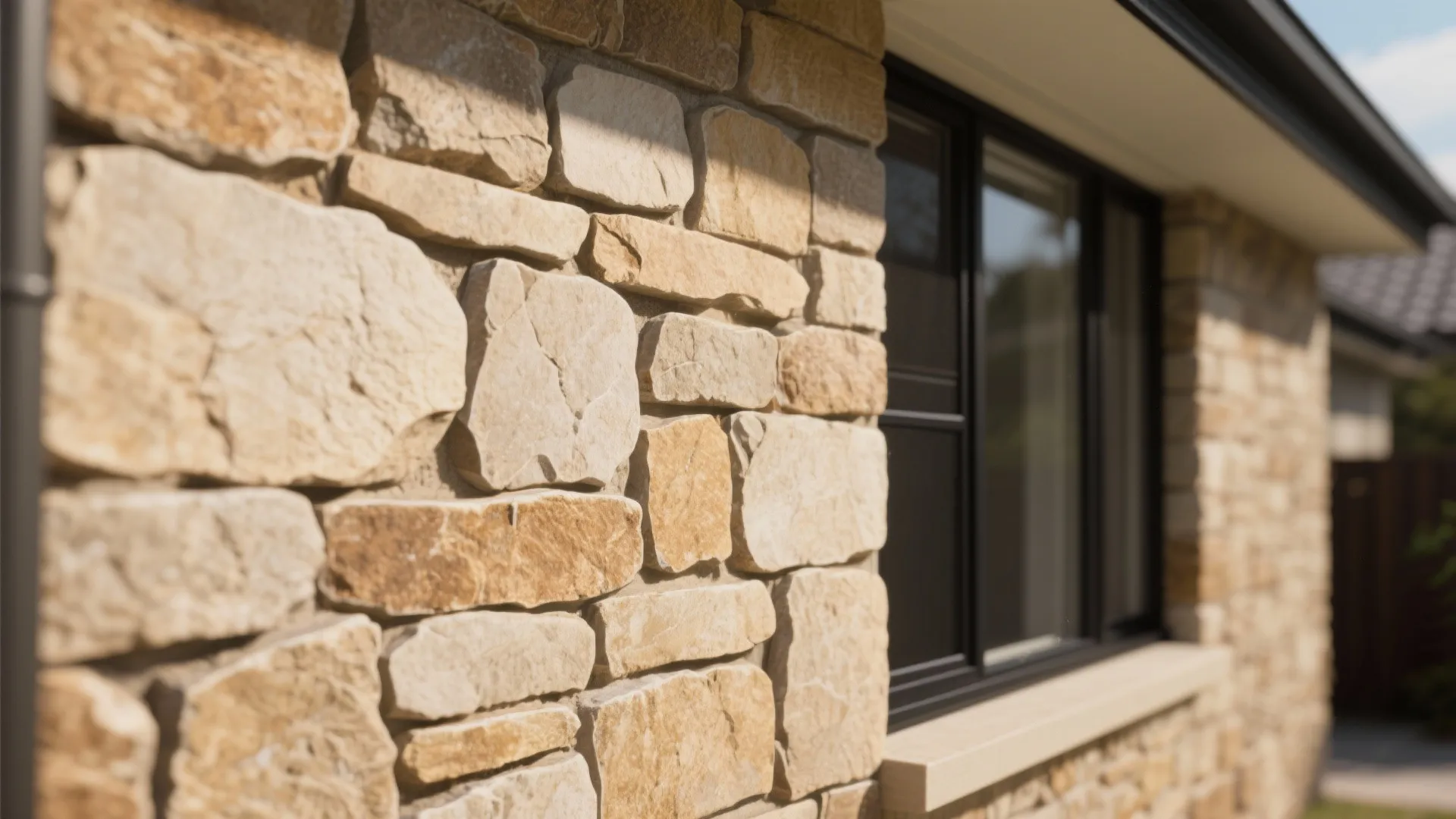 Modern house exterior featuring a textured natural stone wall panel and a black window frame