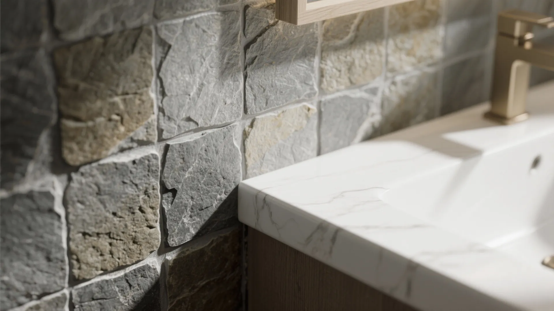 Macro view of textured stone tiles next to white vanity edge