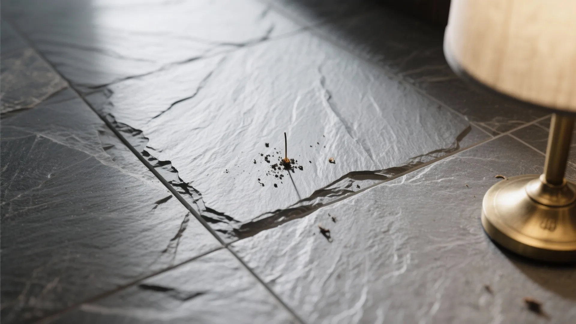 Macro of mid-gray brushed stone-look porcelain with tactile grooves for better grip.