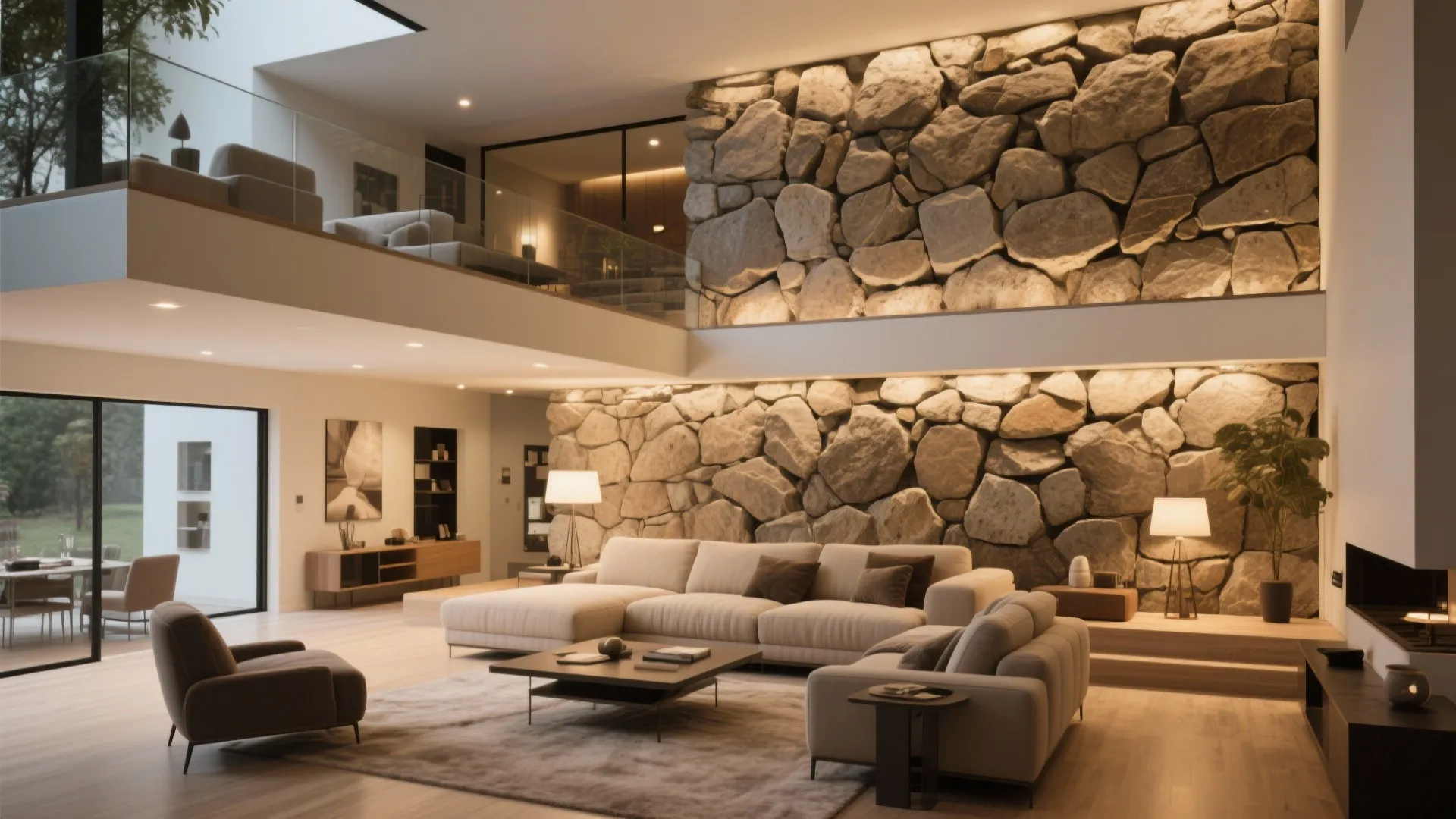 Spacious living room featuring a large natural stone wall light colored sofa and warm lighting design