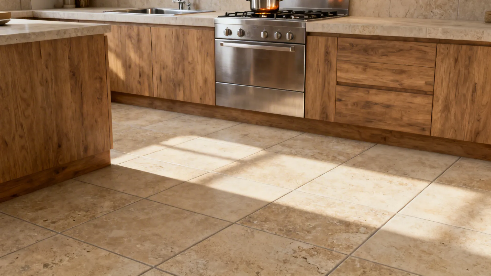 Warm taupe stone-look porcelain kitchen floor with slip-resistant texture paired with wood cabinets