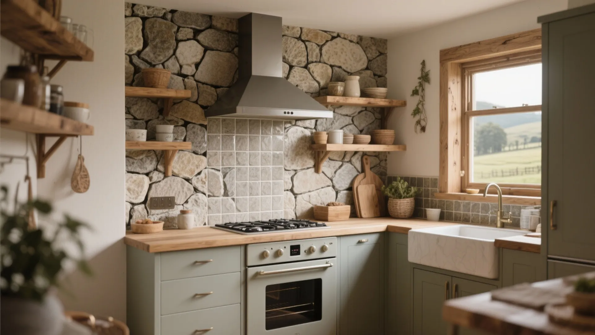 Rustic kitchen with stone wall, light green cabinets, wood countertop, open shelves, and white sink