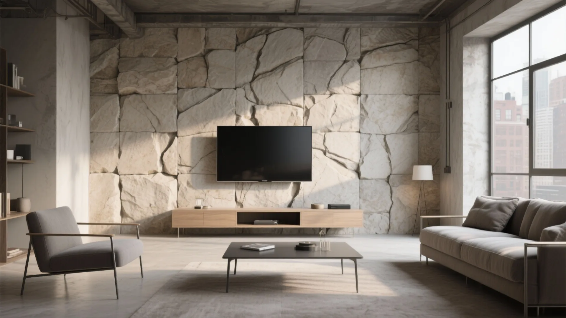 Modern living room with stone wall panel television wooden cabinet grey sofa and large window