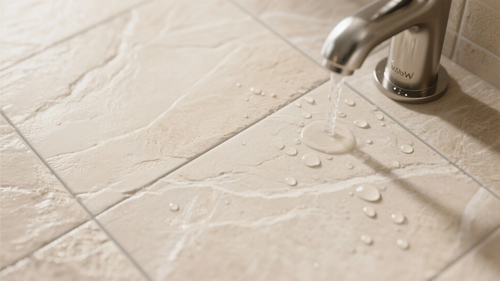 Close-up of beige textured stone floor tiles with water running from a modern silver faucet