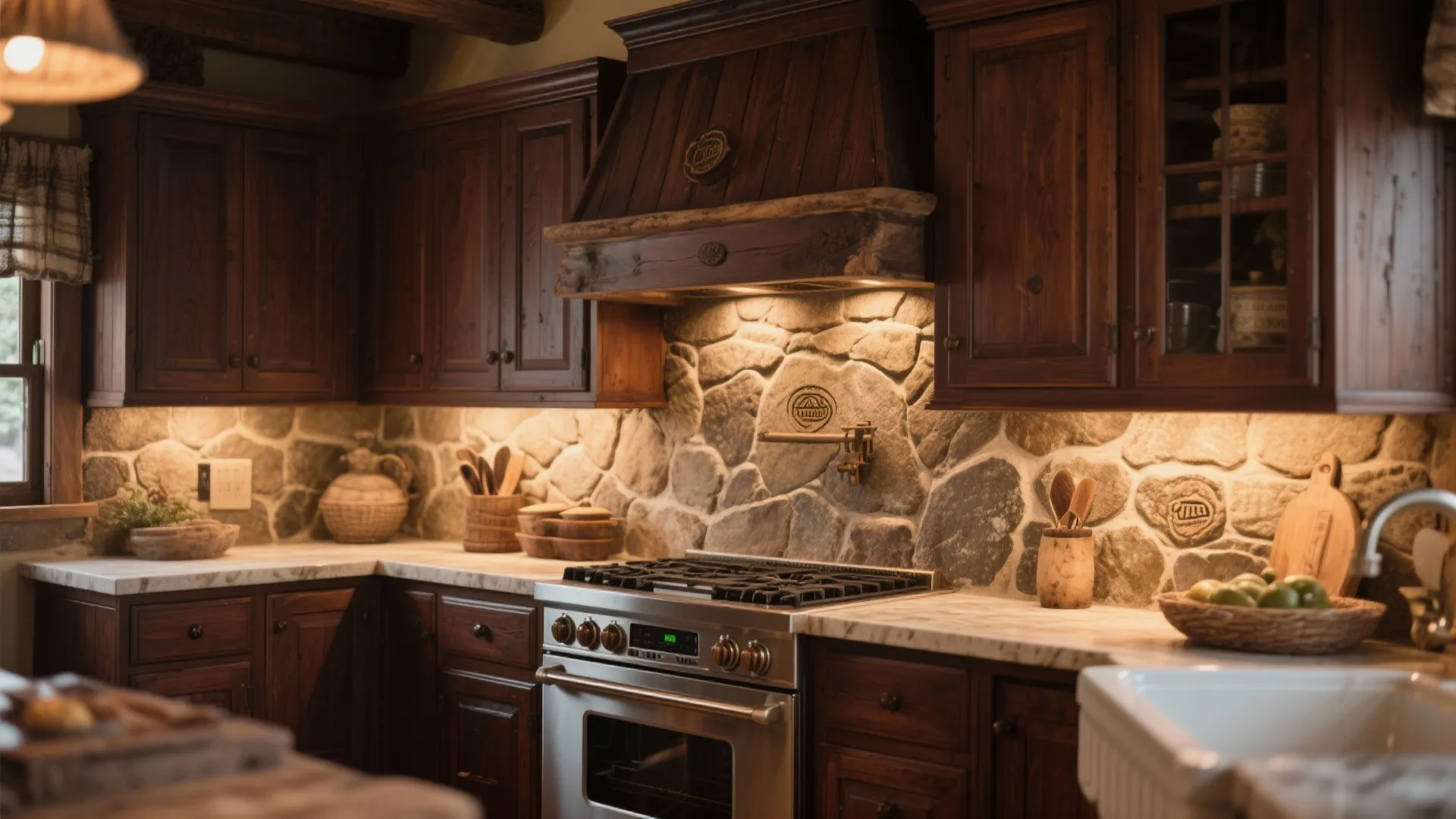 Rustic kitchen featuring dark wood cabinets textured stone wall gas stove and marble look countertop