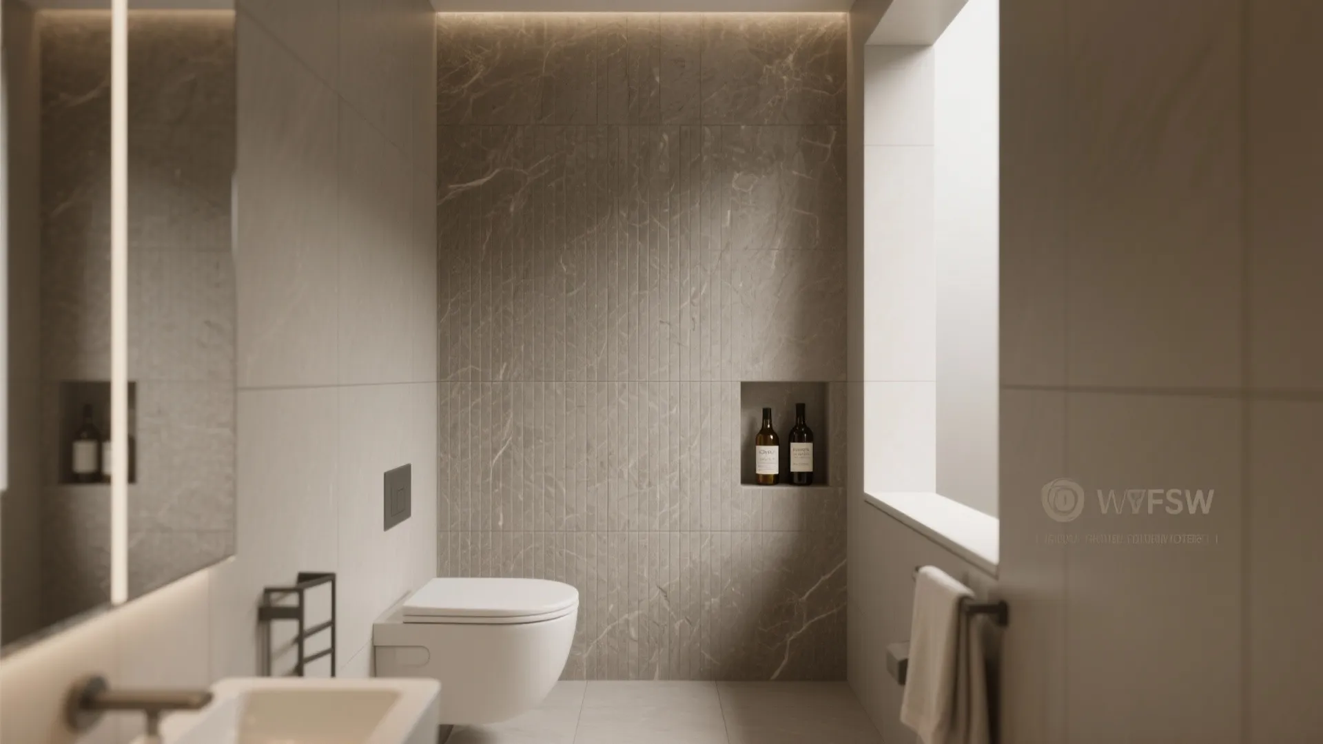 Modern bathroom featuring grey stone wall tiles, built-in wall shelf with bottles, and white toilet