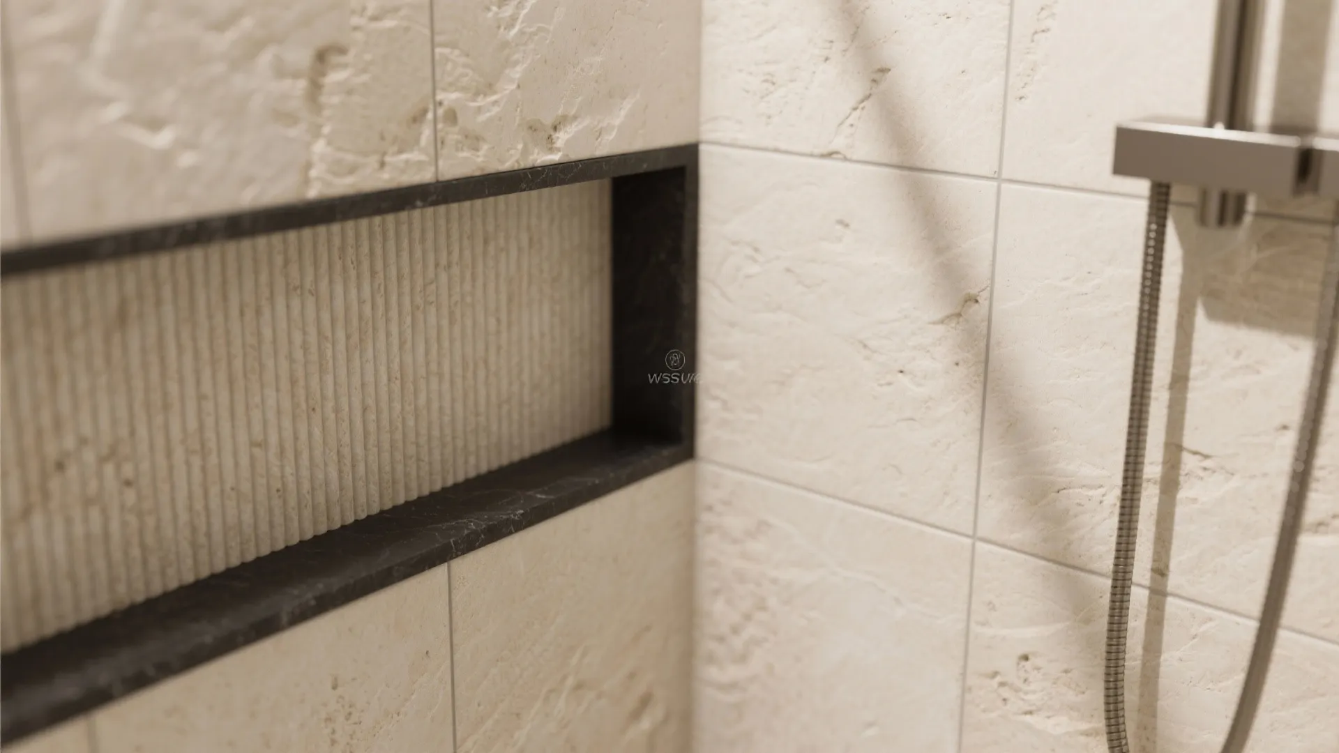 2) Textured Stone-Effect Tiles for Tactile Calm