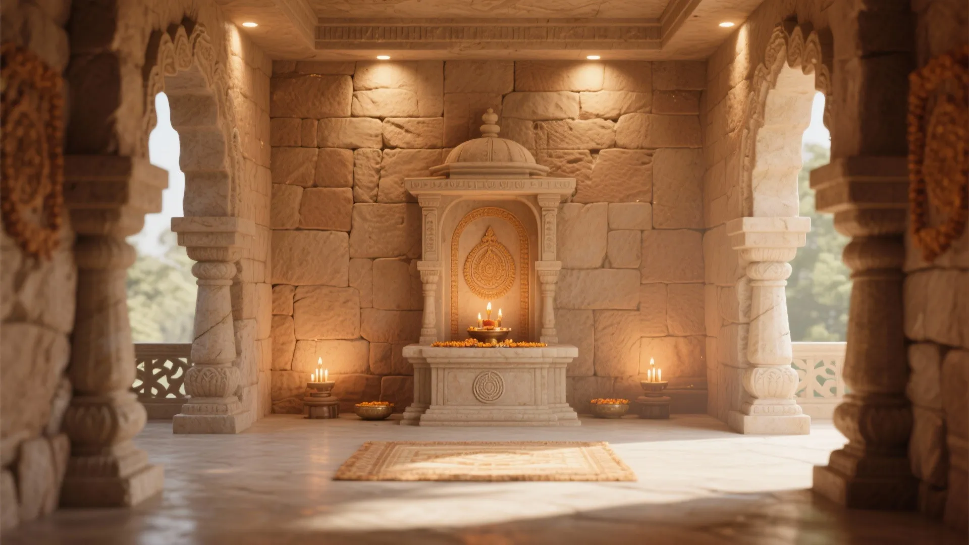 Interior design drawing of a stone prayer room with lit candles and a small rug floor