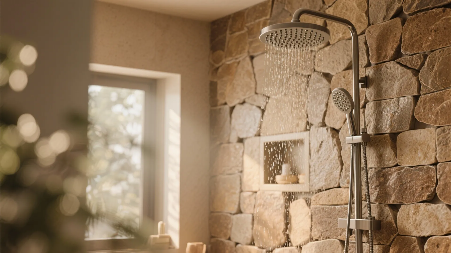 Luxury shower with natural stone wall and metal shower head with water flowing near window